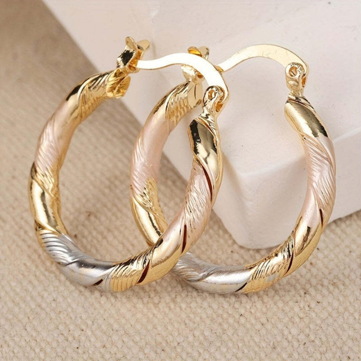 Vintage Round Hoop Gold Silver and Pink Earrings