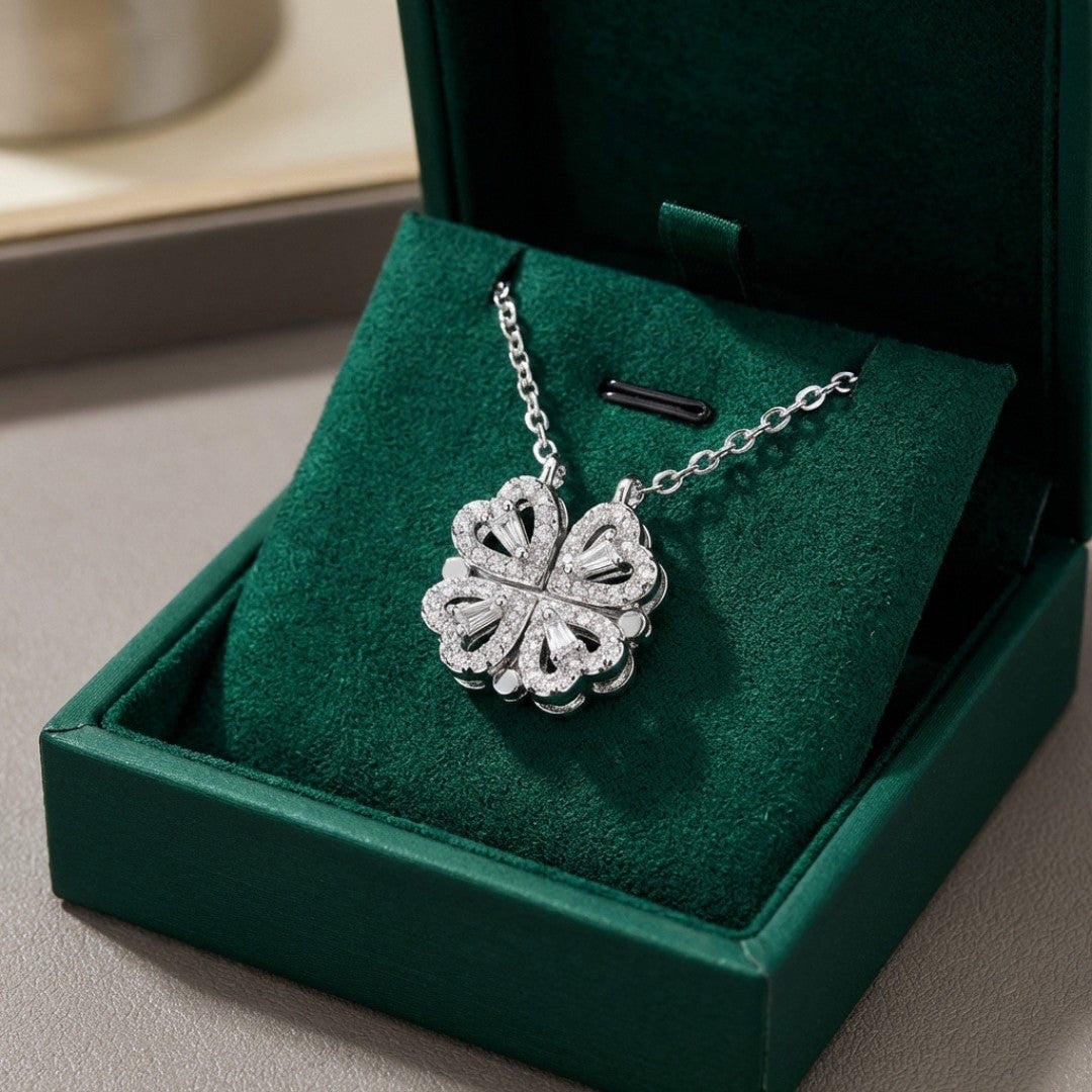 Gold Clover Necklace with Zirconia Heart Pendant
