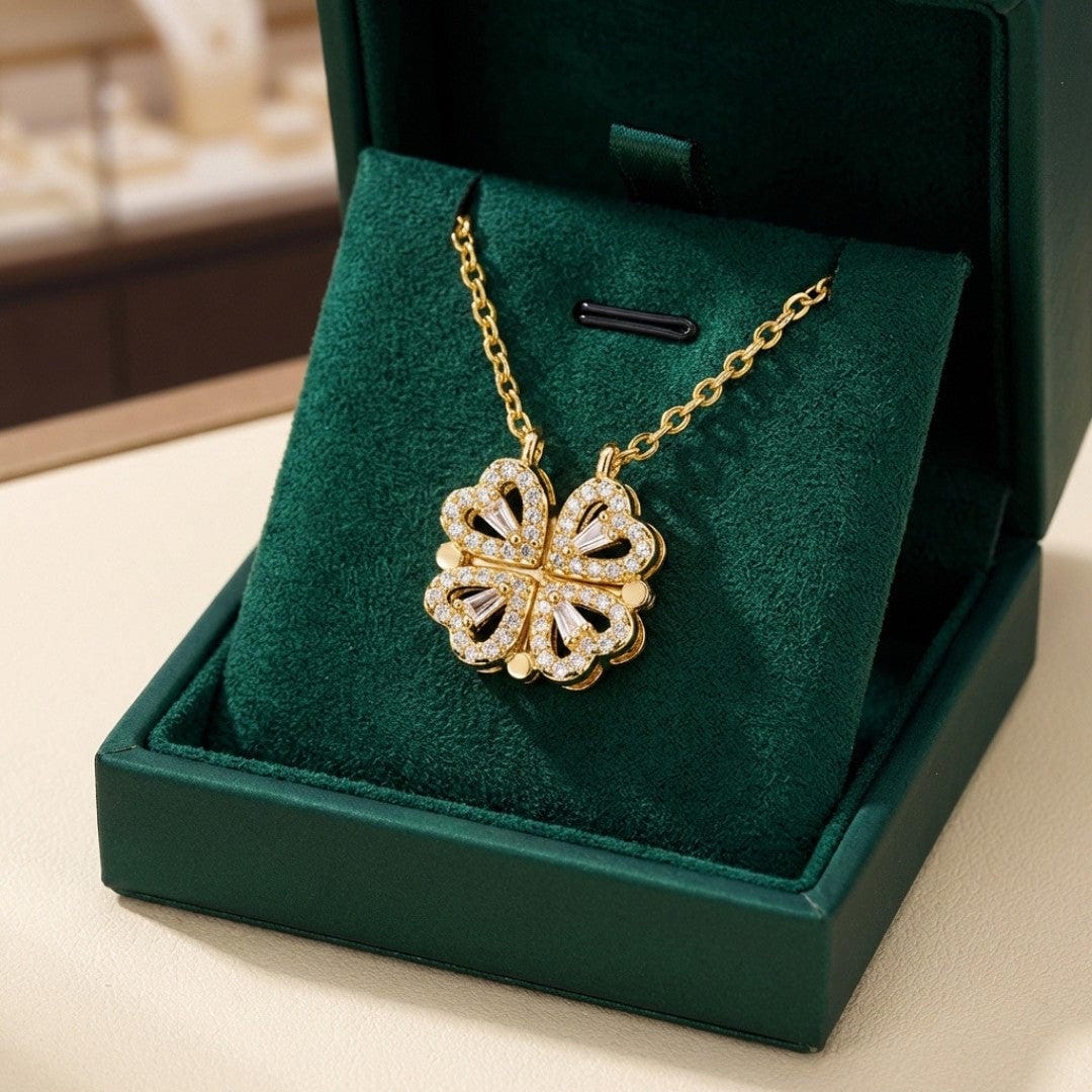 Gold Clover Necklace with Zirconia Heart Pendant