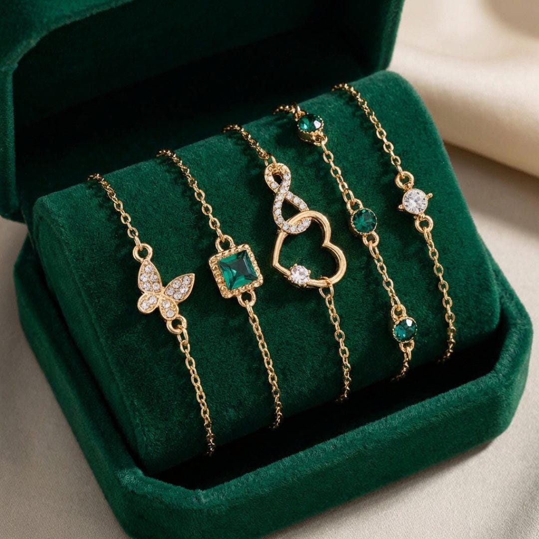 Hallow Heart Green Crystal Bracelet Set
