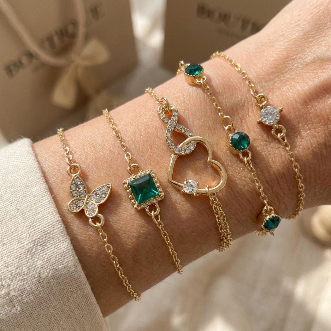Hallow Heart Green Crystal Bracelet Set