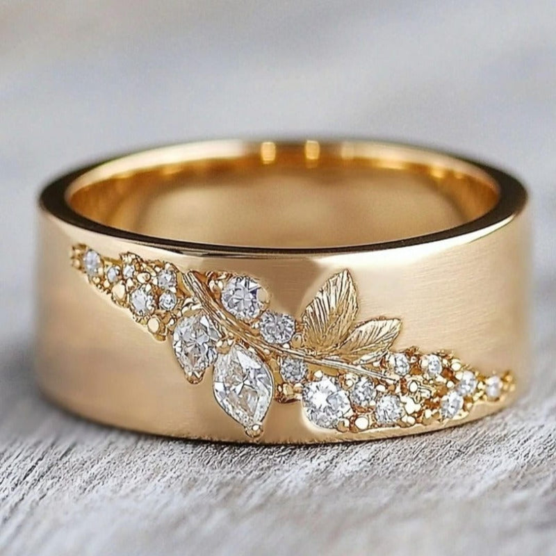 Exquisite Gold Inlay Zirconia Leaf Ring