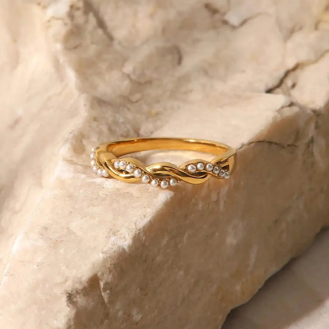 Fine Gold Twisted Pearl Stacking Ring
