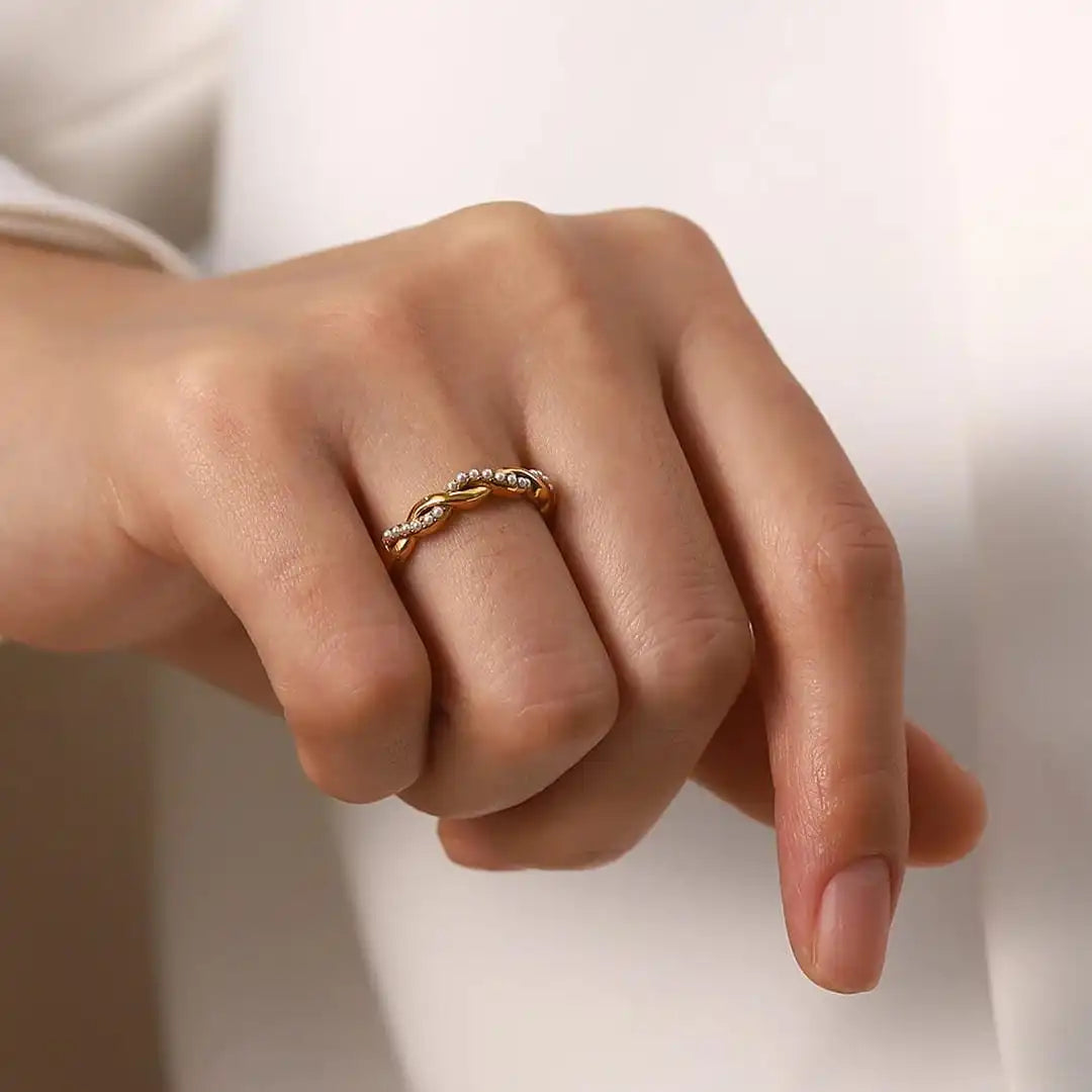 Fine Gold Twisted Pearl Stacking Ring