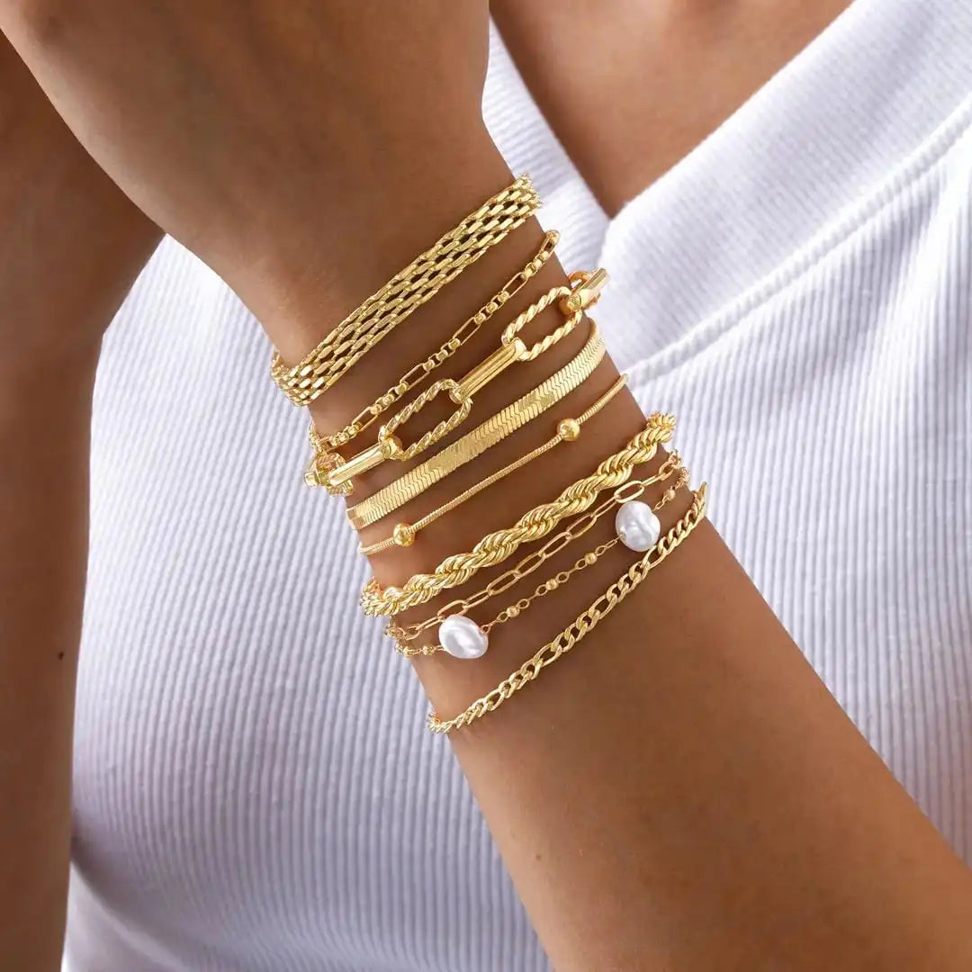 Stackable Bracelet Gold Pearl Set