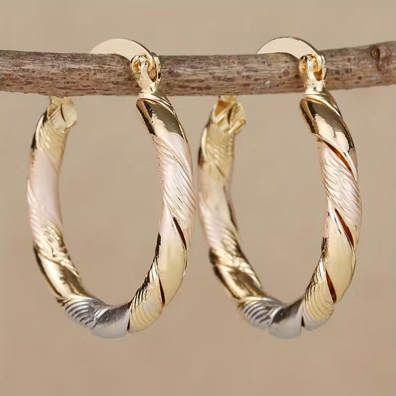 Vintage Round Hoop Gold Silver and Pink Earrings