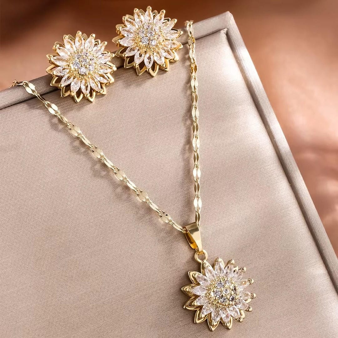 Trendy Silver Sunflower Zircon Necklace & Earring Set